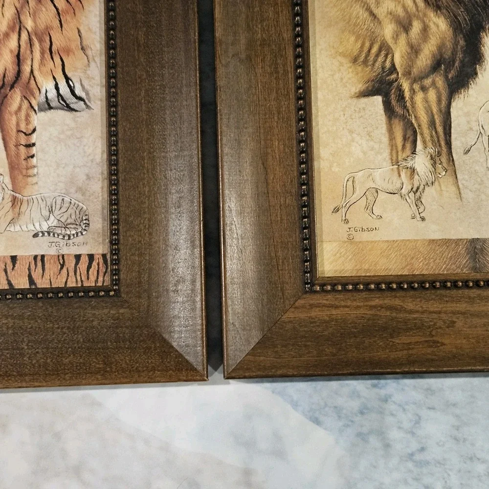 Safari Animal Wall Art Set Tiger Lion Framed Prints J Gibson Rustic‎ Decor